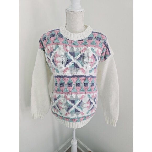 Gina Peters Fair Isle Vintage Crew Pullover Knit 80s 90s Geometric Sweater L - Picture 1 of 9